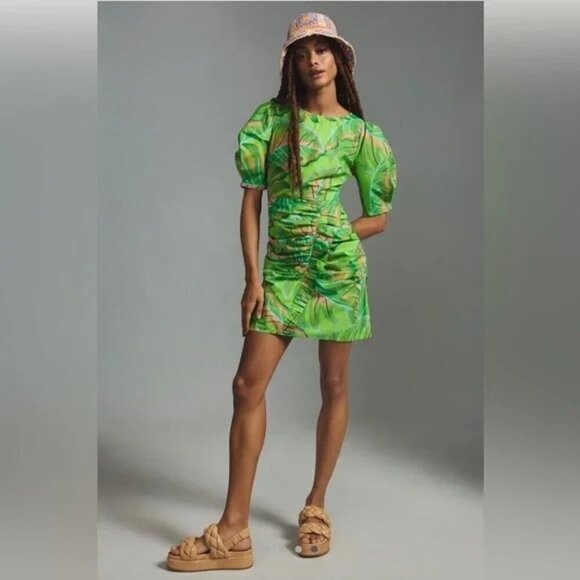 Farm Rio Anthropologie Lime Green Puff Sleeve Mini Dress Tropical NWT Size S - Picture 2 of 10